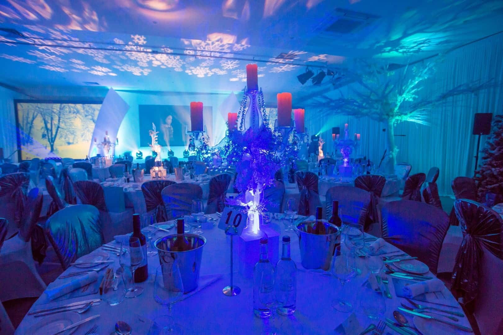 Blue and Red light up LED candelabra table centre with circle table