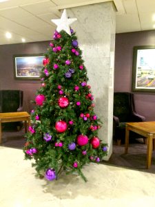 Christmas Tree with large pink and purple baubles and white star