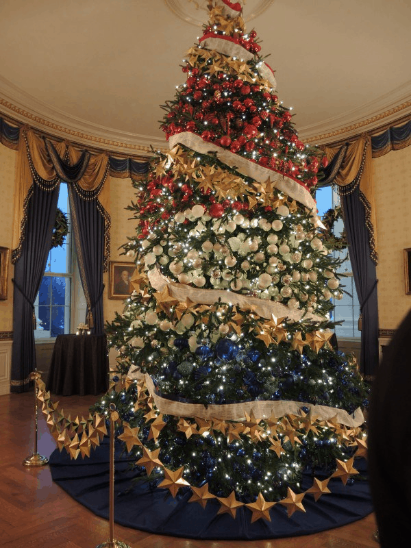 Large Wide Christmas Tree Decorated With Gold Stars and Red, White and Blue Baubles and Lights