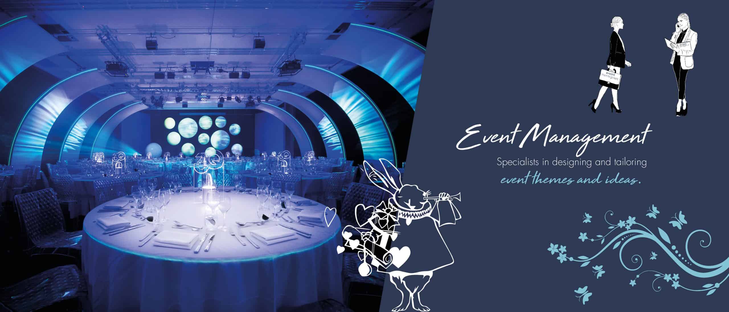 Event dinner room with round table and large lights, with Event Management text