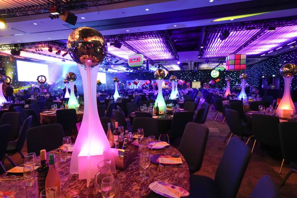 Eventologists 70s Disco Themed Event Gold Mirrorball Table Centre Hire