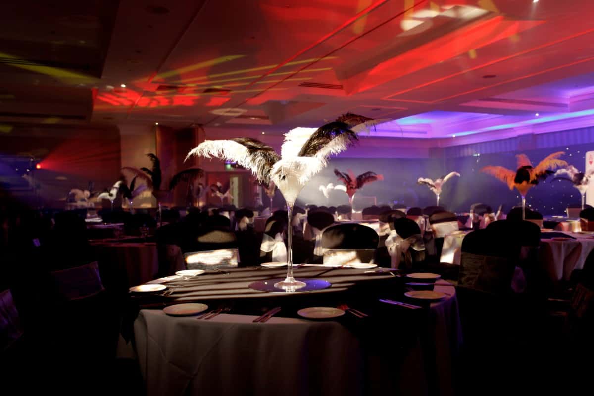 Eventologists Burlesque Themed Event Martini Glass Feather Table Centre Hire