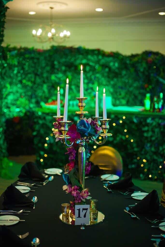 Eventologists Enchanted Forest Themed Event Foliage Gold Candelabra Table Centre Hire