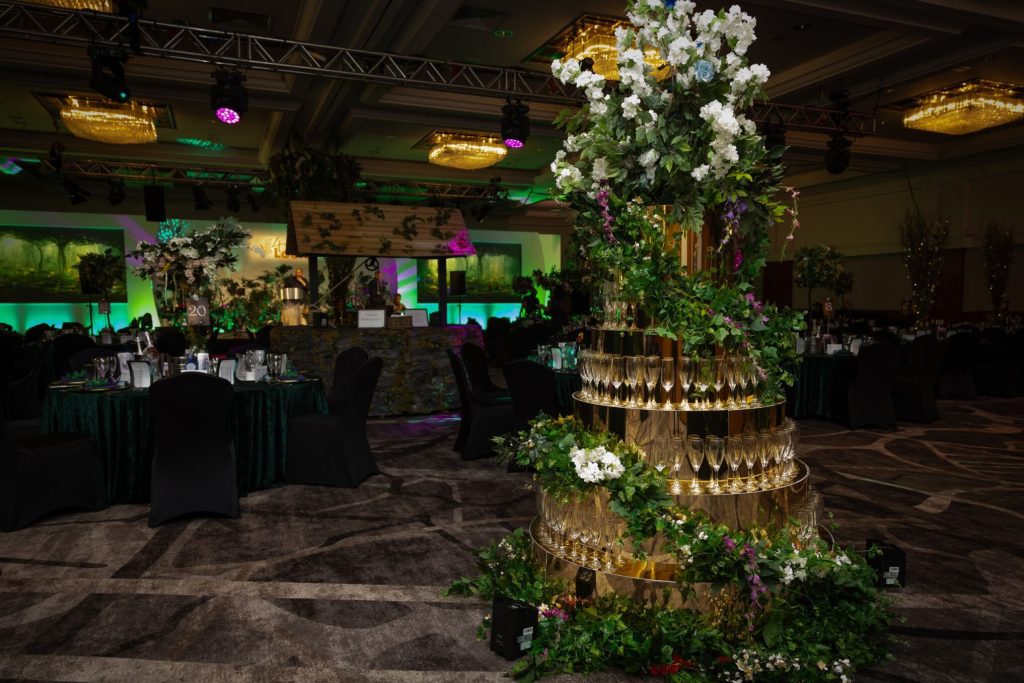 Eventologists Enchanted Woodland Themed Event Gold Champagne Tower Prop Hire