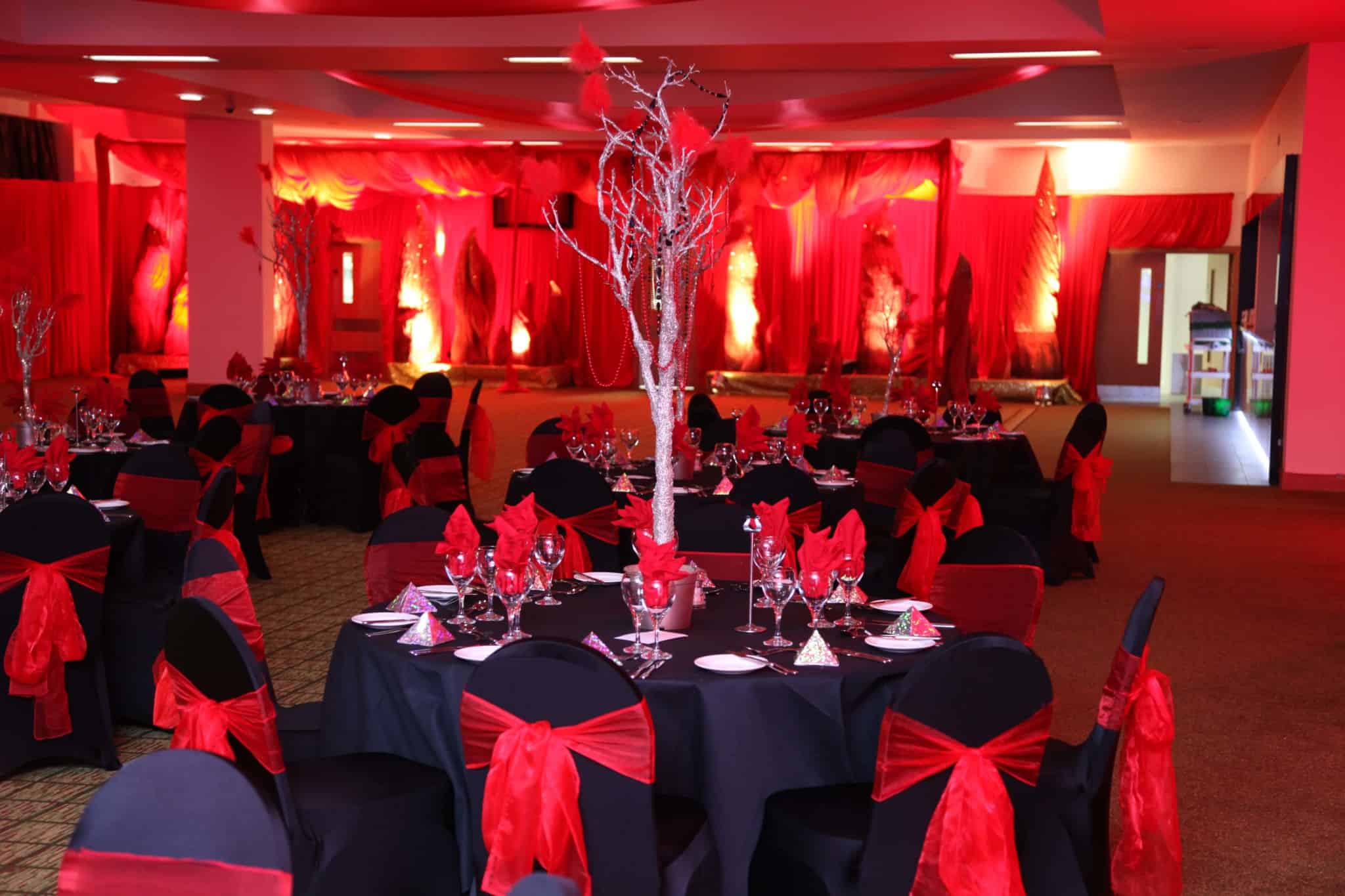 Eventologists Fire And Ice Themed Event Black Chair Cover And Red Sashes Hire