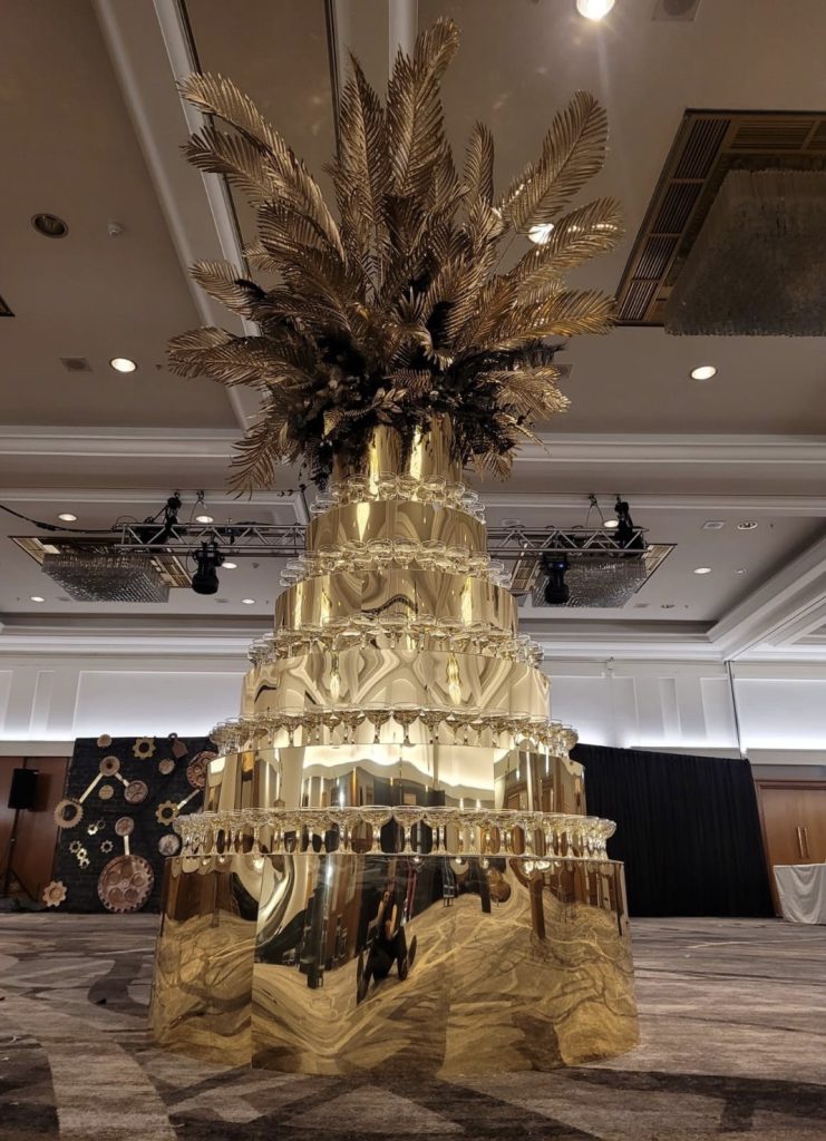 Eventologists Gold Themed Event Gold Champagne Tower Prop Hire