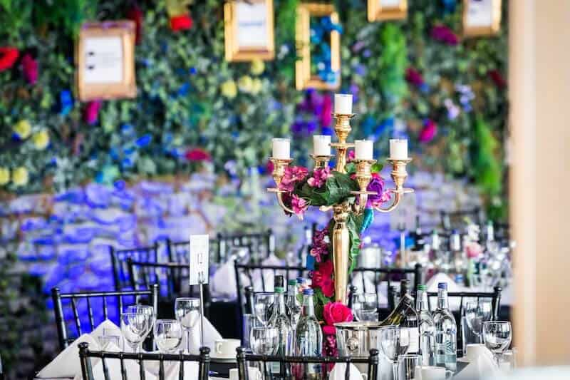 Eventologists Great British Themed Event Floral Table Centre Gold Candelabra Hire