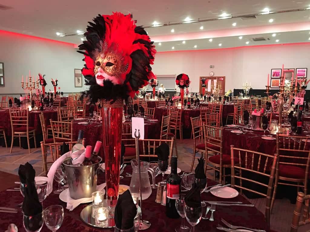 Eventologists Masquerade Themed Event Floral Red Black Mask Table Centre Hire