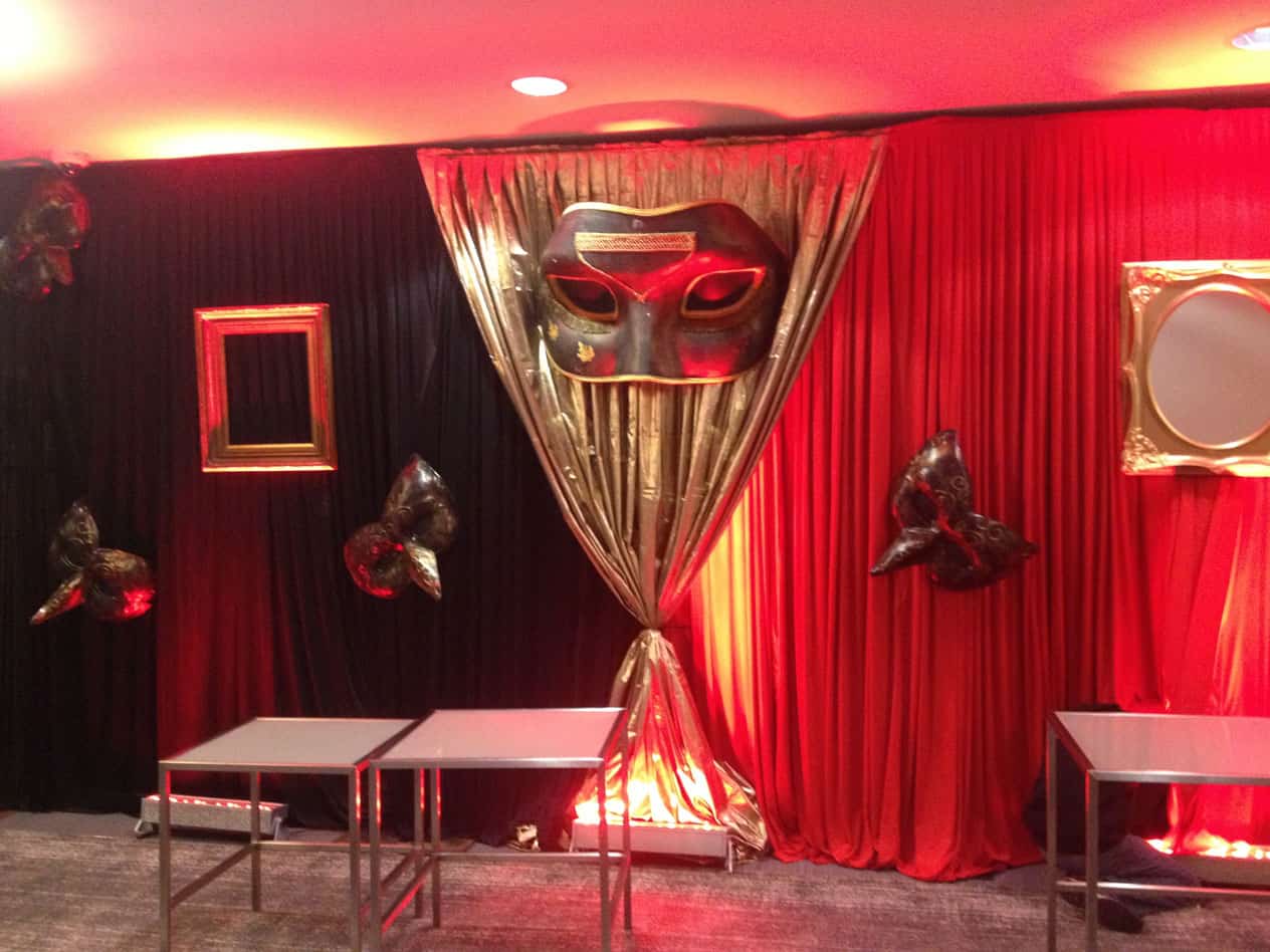 Eventologists Masquerade Themed Event Red Blck Draping Giant Mask Prop Hire