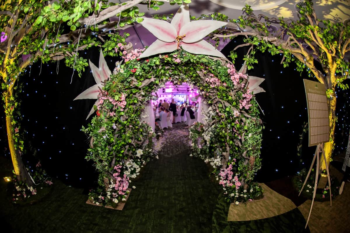 Eventologists Midsummer Nights Dream Themed Event Forest Artificial Foliage Floral Tunnel Entrance Hire