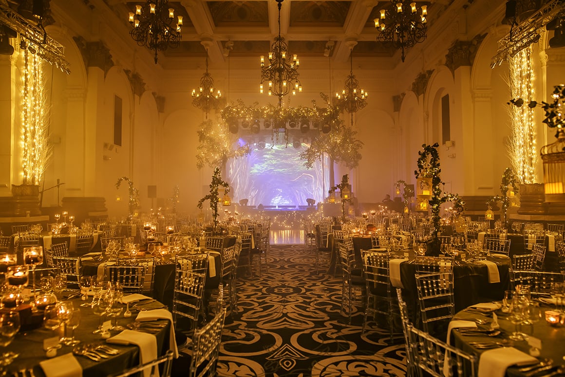 Eventologists Midsummer Nights Dream Themed Event Gold Room Decor Artifical Tree Hire