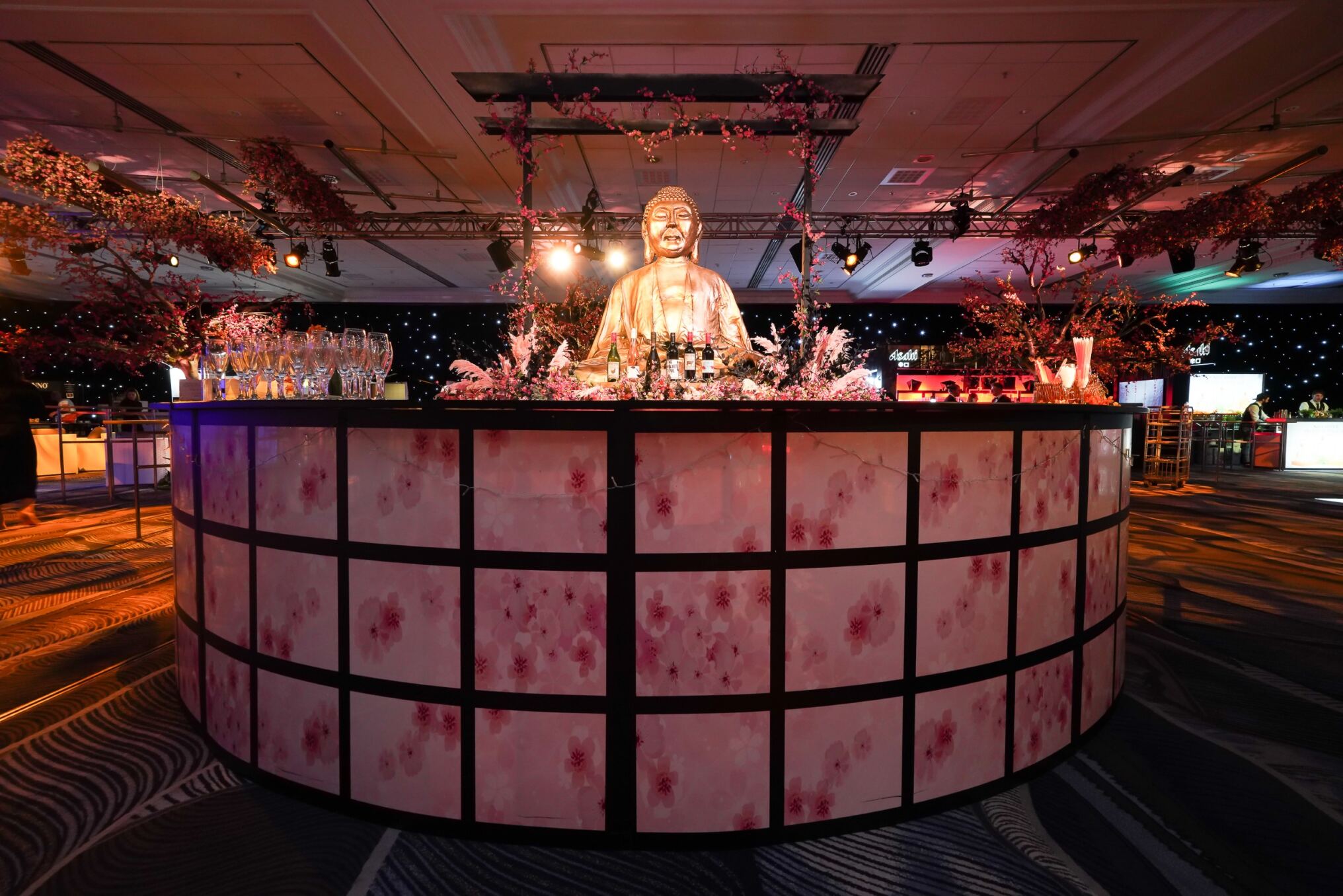 Eventologists Oriental Themed Event Bar Dressed Cherry Blossom Buddha Hire