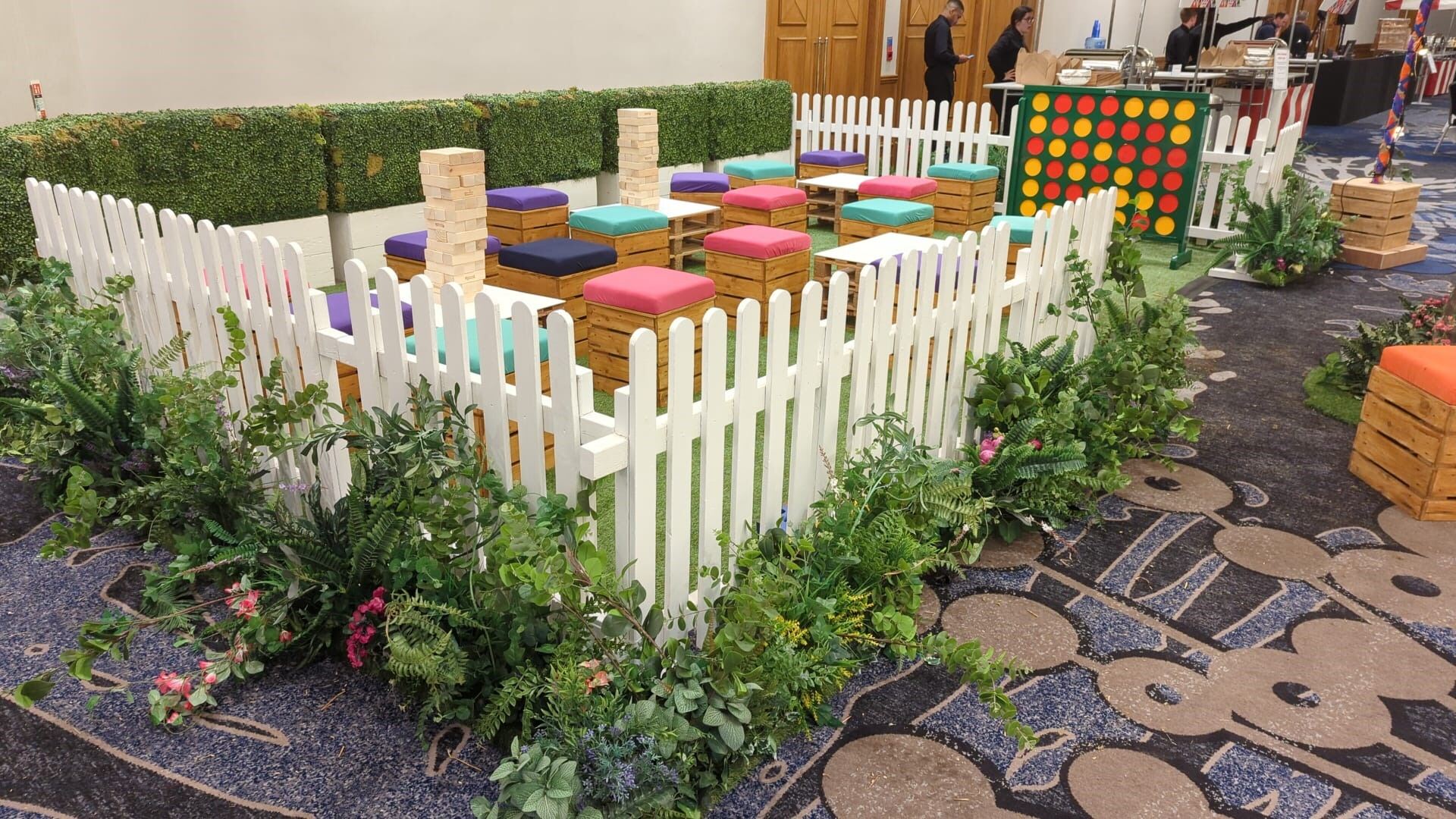 Eventologists Racing Themed Event Giant Jenga Hire Pallet Seating Picket Fence Artificial Turf Hire