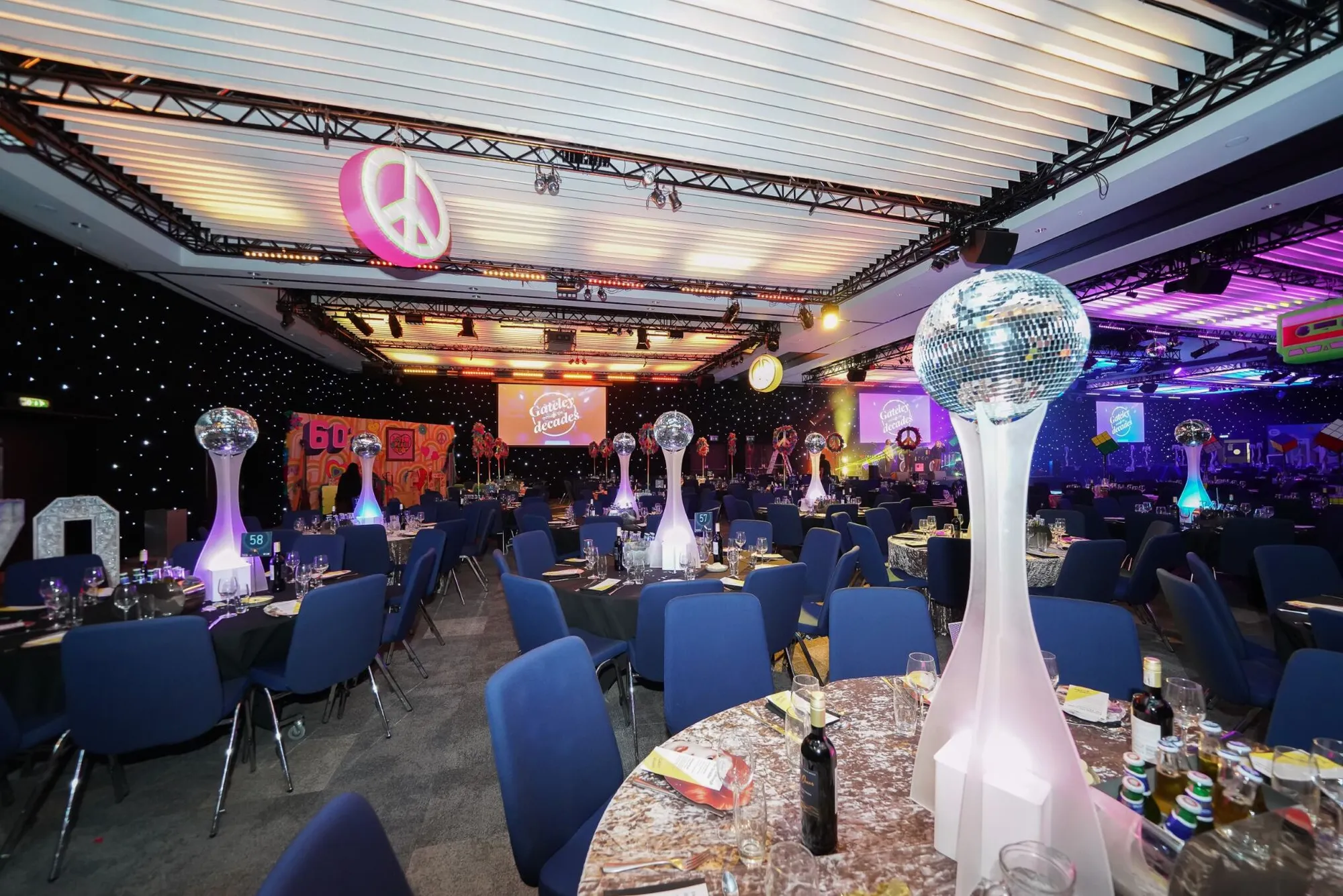 Disco Ball Table Centres & Suspended Peace Sign
