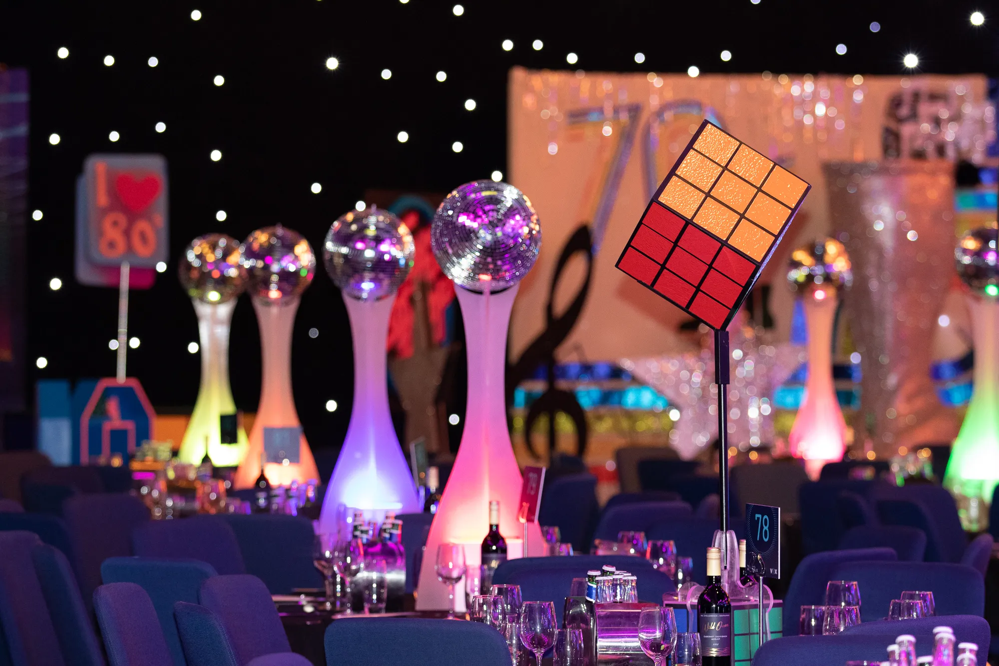 Disco Ball Centrepieces & Giant Rubik's Cube Prop