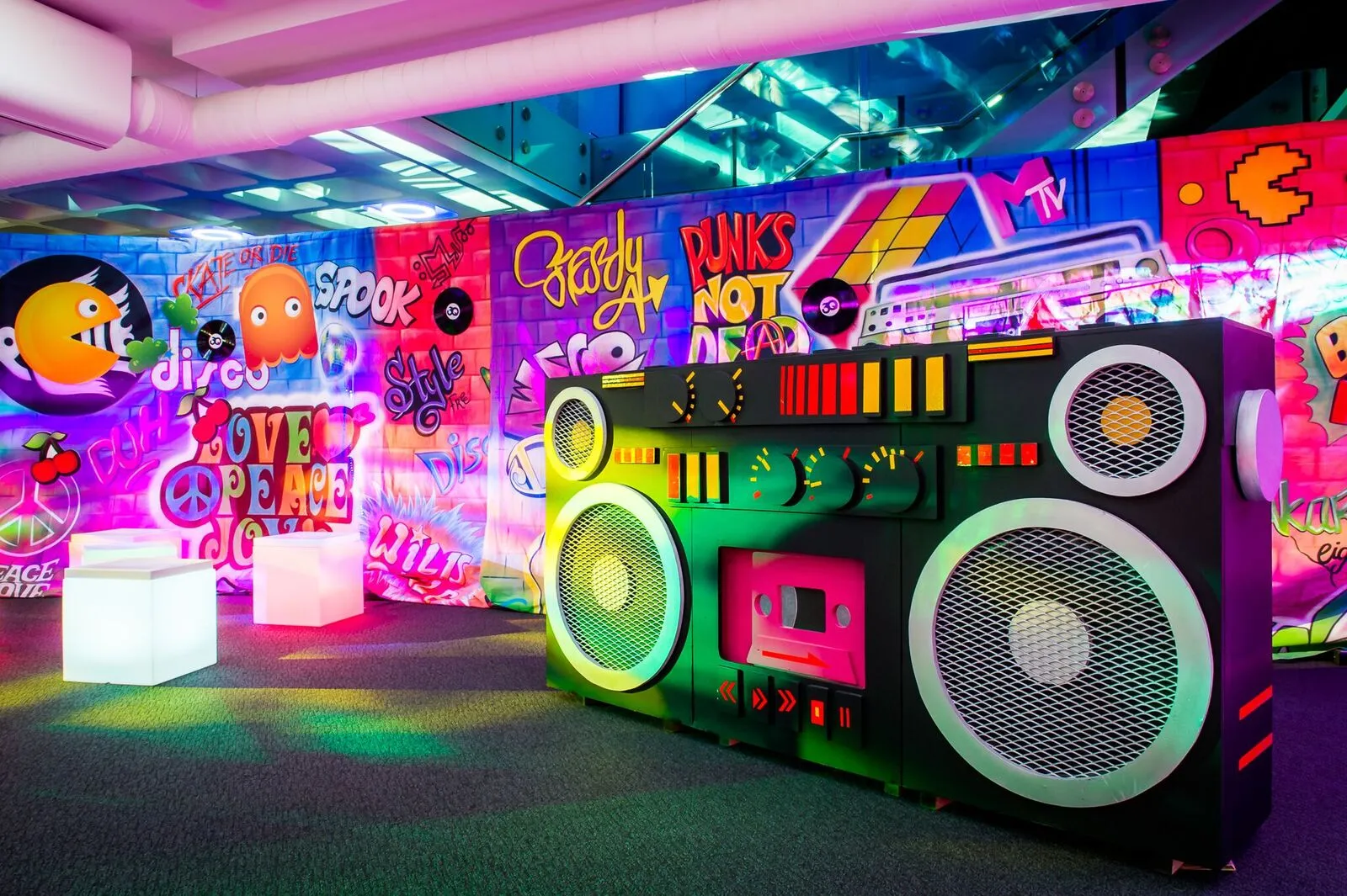 Giant Boombox Prop Against Graffiti Wall