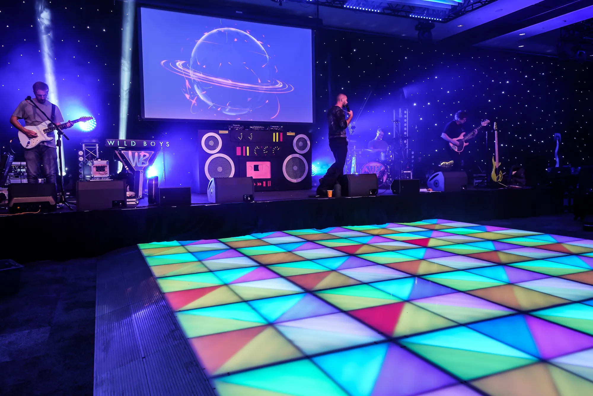 Live Band Stage with Boombox Backdrop & Lit Dance Floor