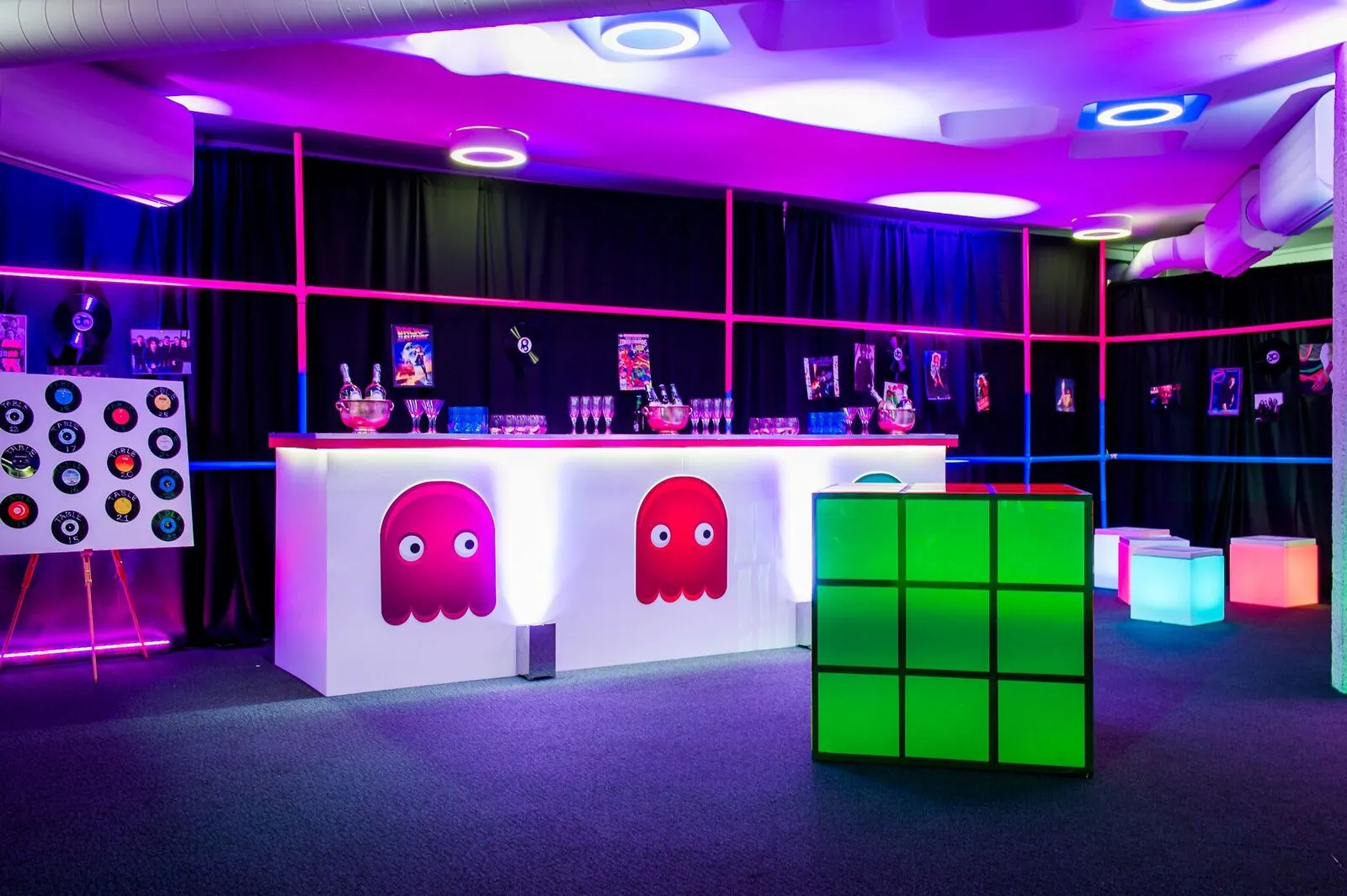 Pac-Man Ghost Bar with Light-Up Cube Seating