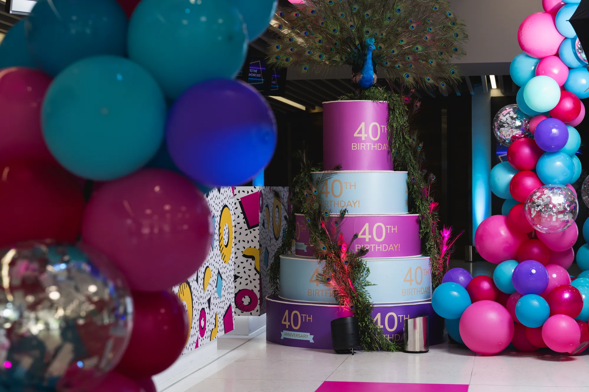 Giant Tiered '40th Birthday' Cake Prop with Peacock Topper