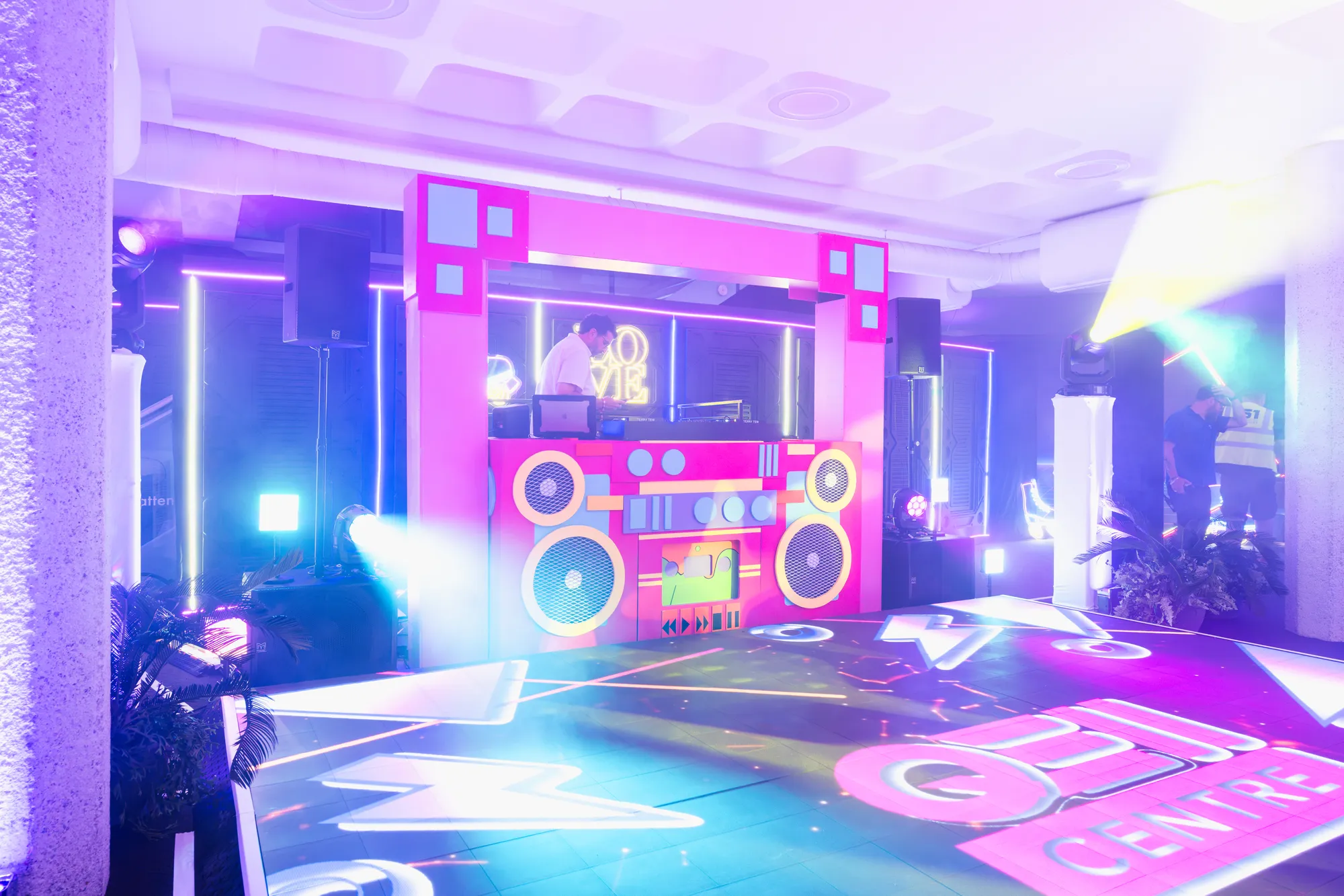 Pink Boombox DJ Booth Over Branded LED Dance Floor