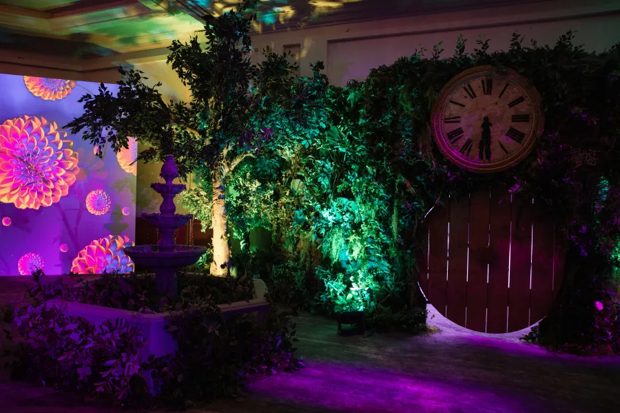 Garden Fountain, Foliage Wall & Giant Clock Door