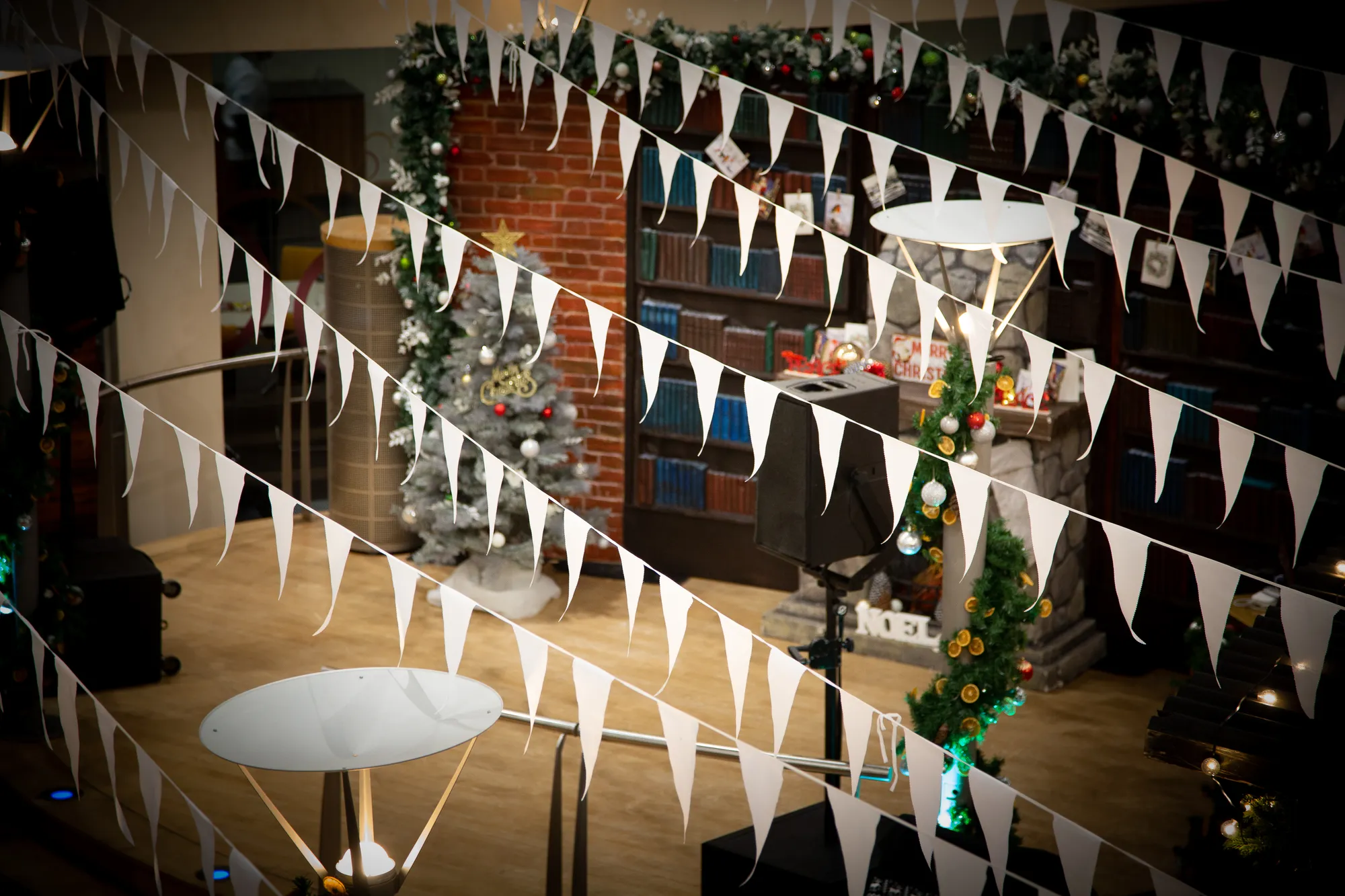 Christmas Library Fireplace with Bunting Overhead