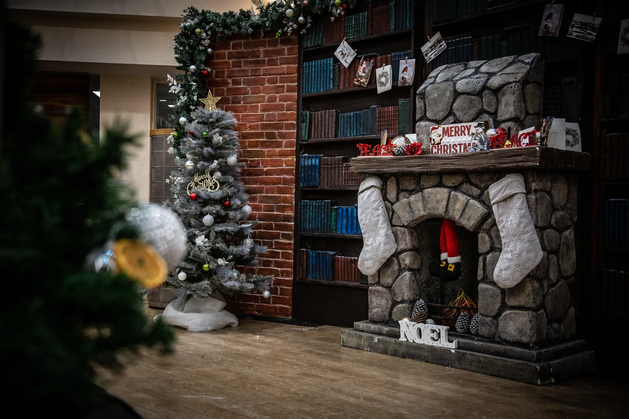 Stone Fireplace with Santa's Boots in the Chimney