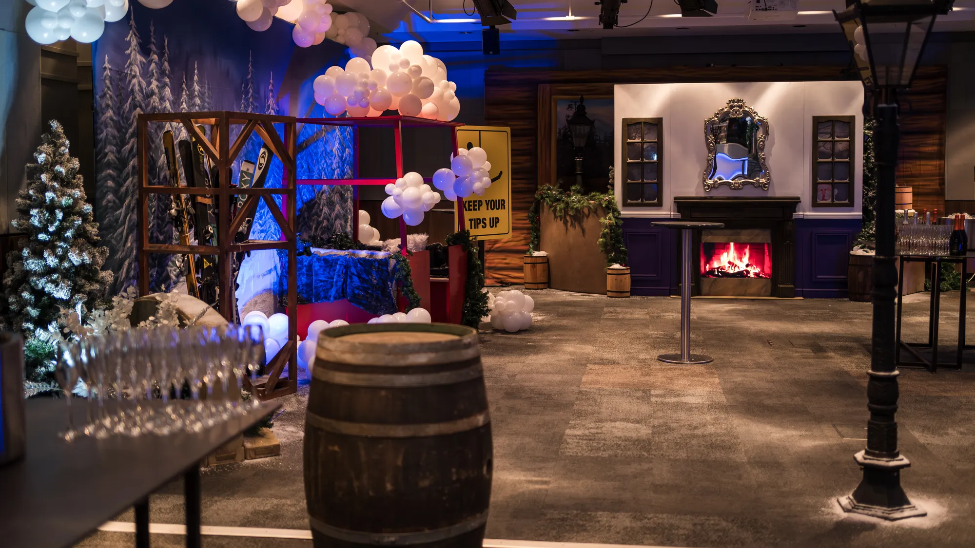 Lodge Fireplace Lounge with Ski Rack & Snow Mural