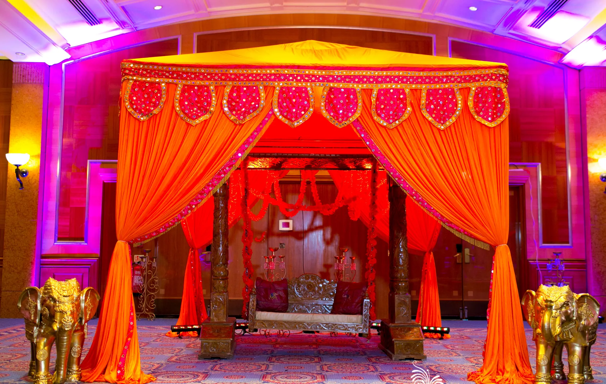 Mandap-Style Canopy with Carved Throne & Gold Elephants