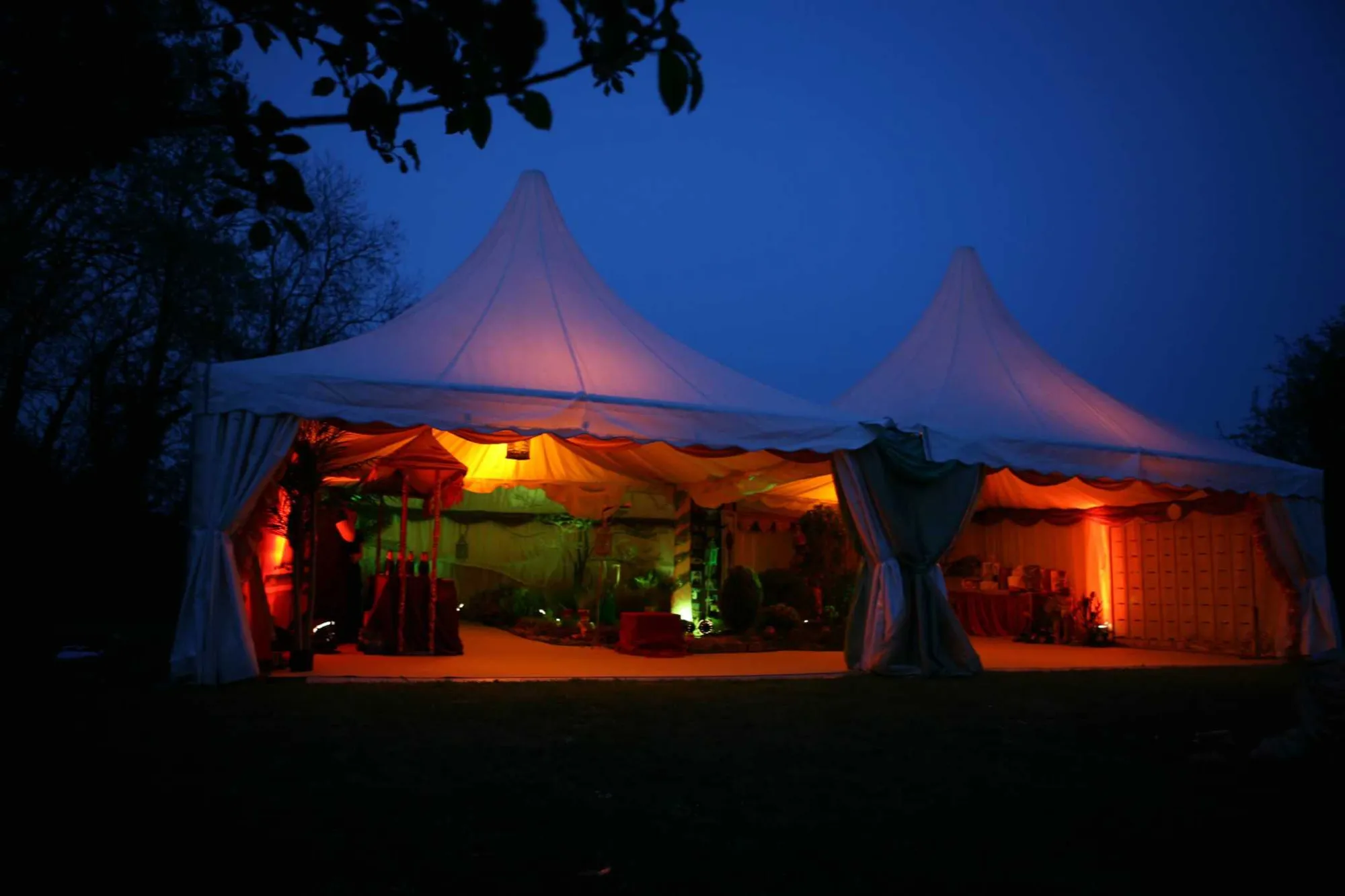 Twin Pagoda Marquees Glowing at Dusk